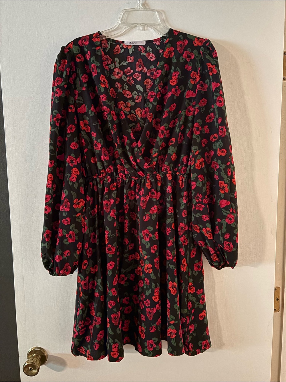 Cupshe Black Long Sleeve Floral Wrap Dress with Red Blossoms